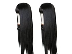 Peluca sintética larga, lisa y negra con flequillo para mujer, ajustable y resistente al calor (modelo 2026).