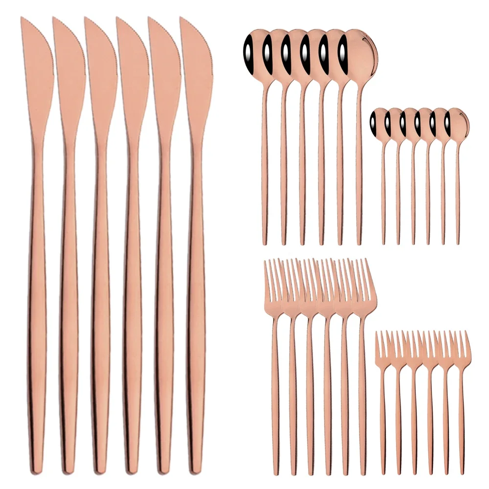 MDUG (Juego de cubiertos de acero inoxidable tono oro rosa de 30 piezas, que incluye cuchillo, tenedor de fruta, cuchara, etc.)