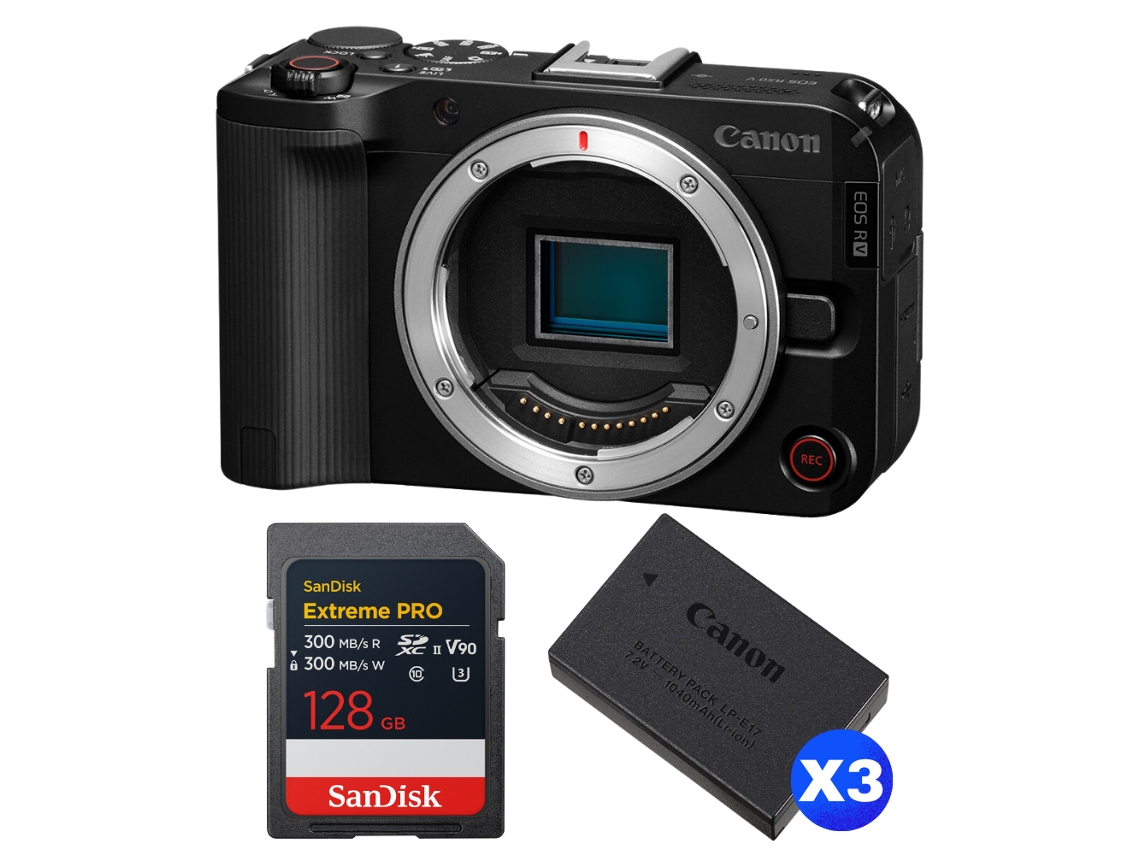 Canon EOS R50 V + 1 tarjeta Sandisk Extreme Pro UHS II SDXC de 128 GB + 3 cámaras Canon LP e17 + libro electrónico “20 consejos para fotos impresionantes”