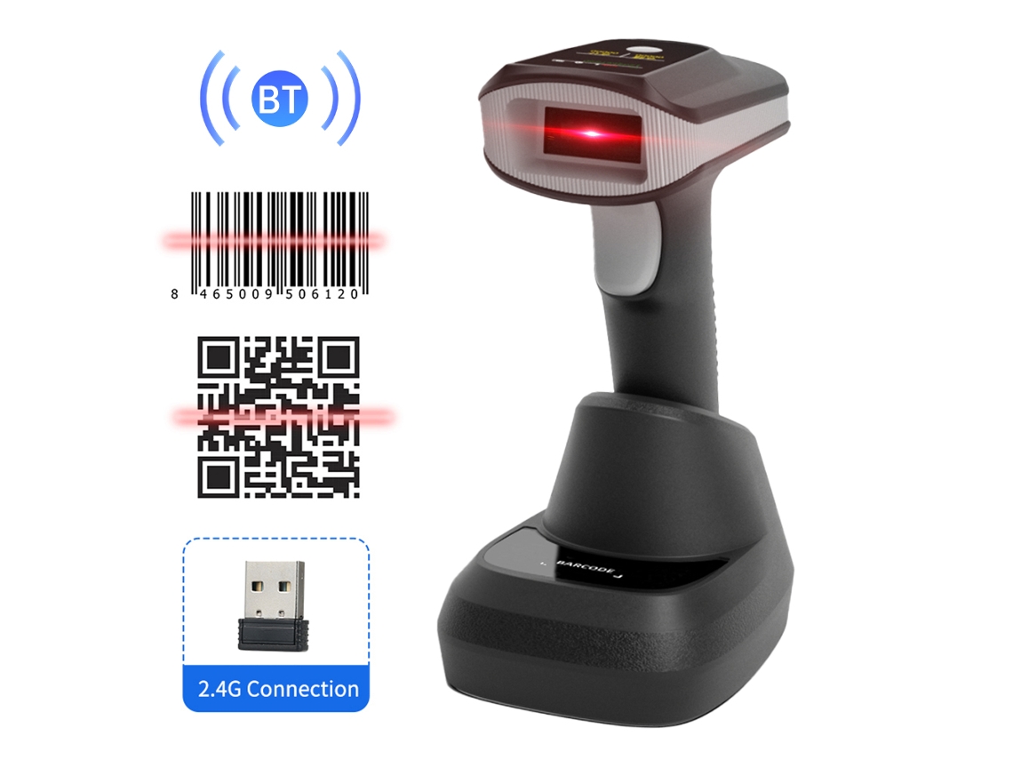 Escáner De Códigos De Barras 2d Y 1d Con Pantalla Y Base De Carga, Conexión Inalámbrica Bluetooth Y De 2,4 Ghz Para Uso En Supermercados, Tiendas, Bibliotecas, Logística Y Almacenes.