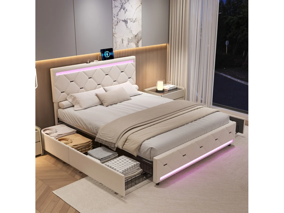 Cama Doble De 160x200 Cm, Con 4 Cajones, Tapizada, Con Luz Led Y Puerto De Carga, Tamaño King, Funcional, Terciopelo Beige.