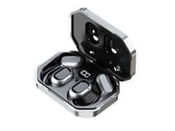 Auriculares inalámbricos con gancho para la oreja, reducción de ruido LED, control inteligente de graves, tapizados en tela, Bluetooth, color plata