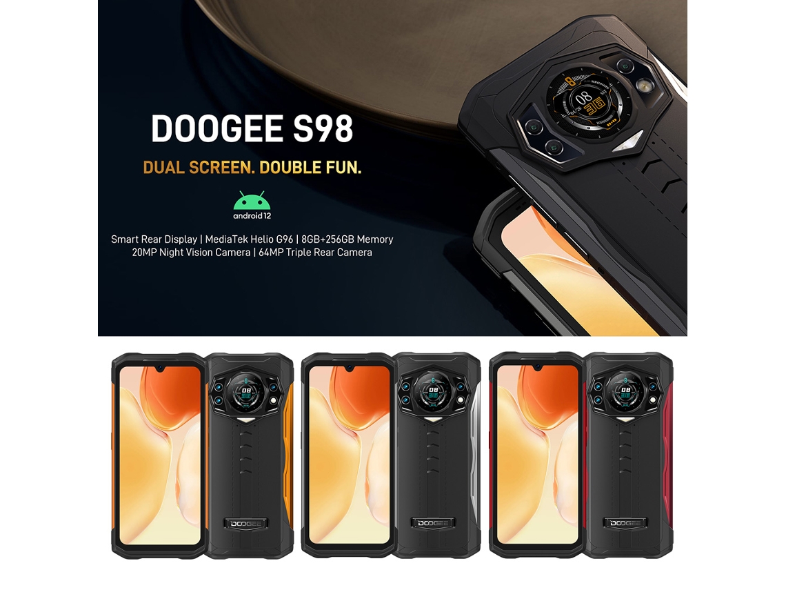 Smartphone Doogee S98 con pantalla trasera, Mediatek Helio G96, colores naranja, rojo y negro, luz dorada.