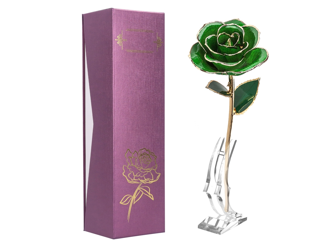 Rosa Verde Eterna 24k Con Base Y Hoja, Decoración Hecha A Mano, Regalo, Fiestas