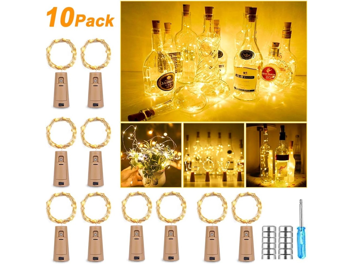 Juego de 10 luces LED para botellas, iluminación blanca cálida, ideal para botellas y decoración navideña PRIME KANG (2,5 m, 25 LED)