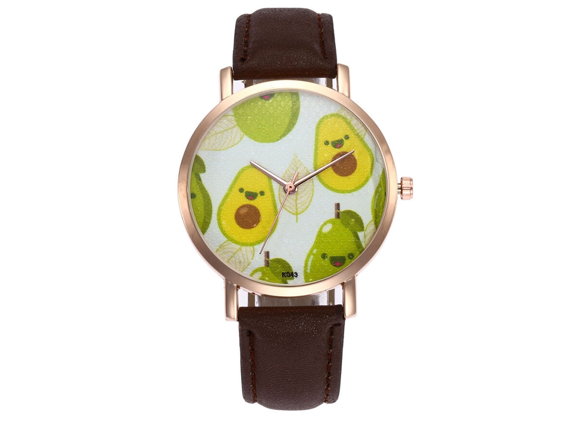 Reloj De Cuarzo Con Correa De Cuero Pu Para Pareja, Dial Con Patrón De Frutas, Café