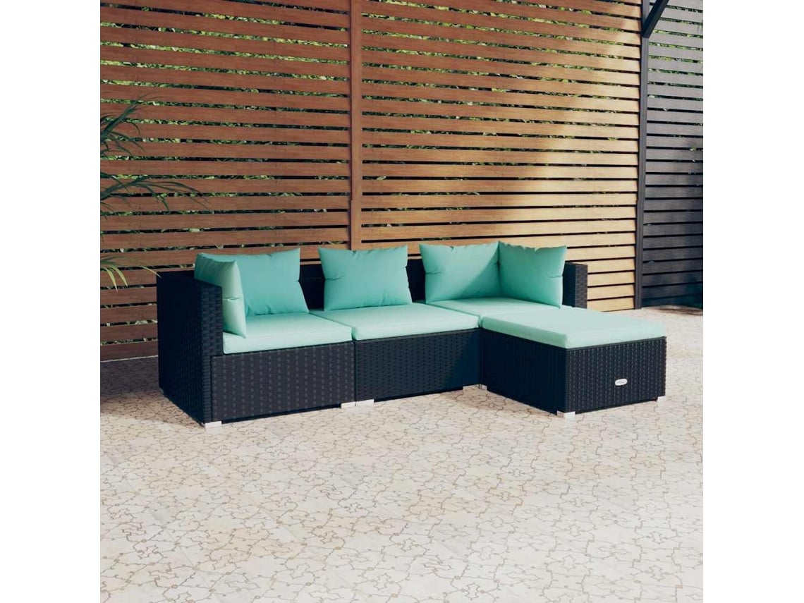 Conjunto de jardín de 4 piezas DKD Home Decor con cojines de mimbre negros