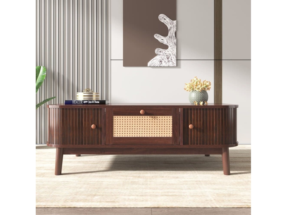 Mesa De Centro - Rattan, Con Cajones Y Puertas Correderas De Madera Maciza, Patas De Madera Maciza, Estilo Rústico Natural