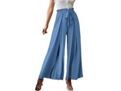 2026-pantalones De Mujer De Cintura Alta Con Volantes Y Split, Pantalones Fluyentes Para Casa Y Casual Xxl Azul