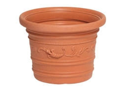 Saturnia macetero resina redondo, color terracota, resistente, ideal exterior, 40 cm diametro.