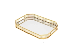 Bandeja decorativa, fabricada en hierro y vidrio, dimensiones 35*25*5 cm, apta para encimeras, de uso múltiple y fácil mantenimiento.