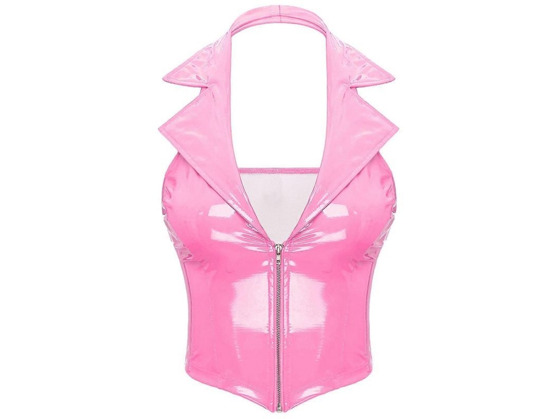 Top corto ajustado de piel sintética para mujer con escote en V profundo y espalda descubierta, rosa, talla L