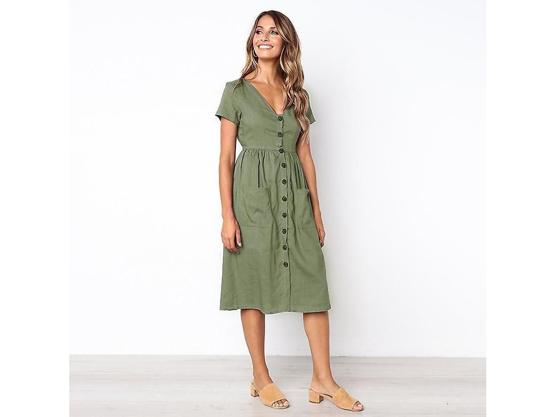 Fasst-vestido Casual De Midi Para Mujer Con Manga Corta Cuello V Botones Y Bolsillos Verano Algodón Poliéster A-line