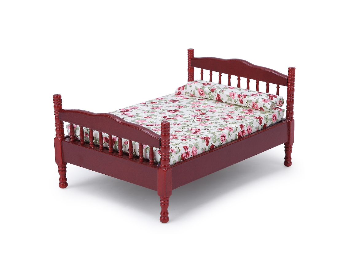 Cama En Miniatura Para Casa De Muñecas Escala 1:12, De Madera, Blanca/marrón, Con Pequeñas Flores, Decorativa.