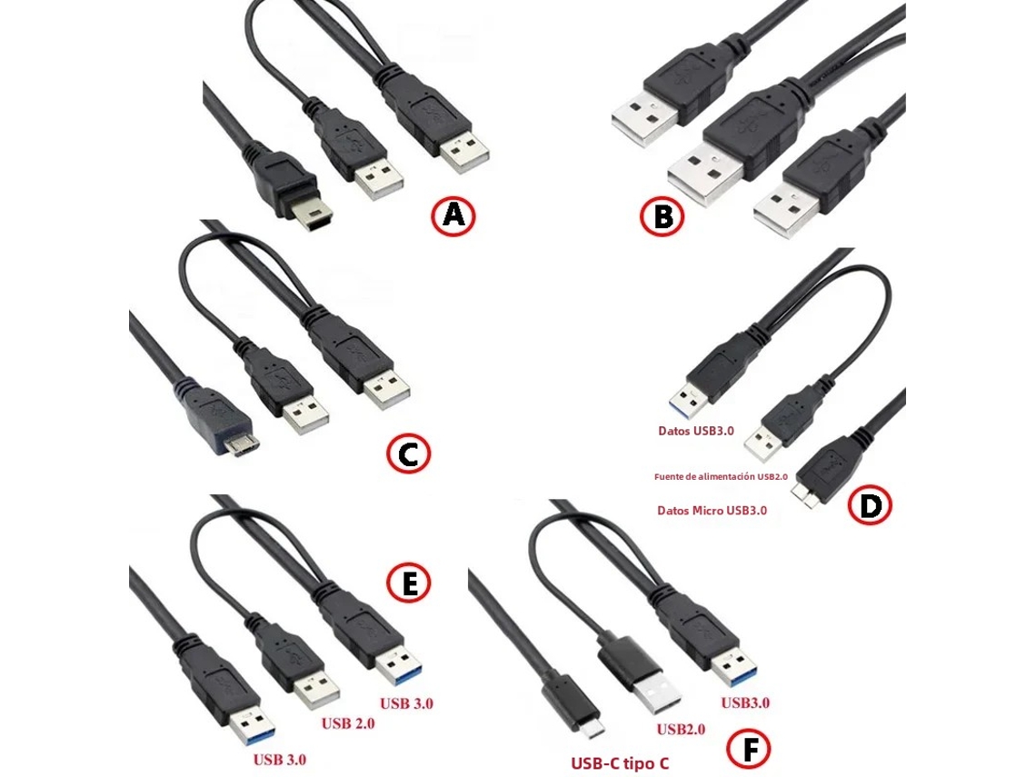 Cable USB 2.0 Doble A Tipo 2A Macho a Micro USB Mini Tipo C Macho USB 3.0 a Micro B para Disco Duro Móvil Cable de Datos Vayotoy