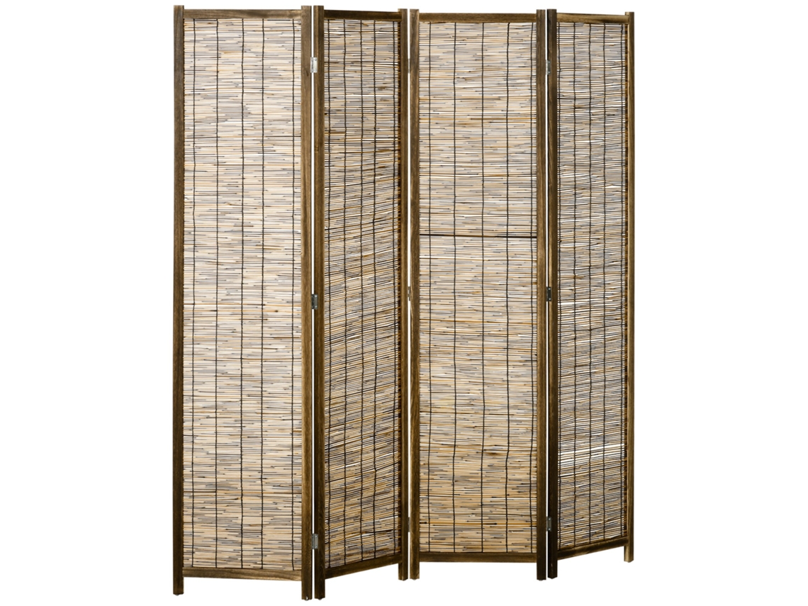 Tabique Divisorio, 4 Paneles, Madera De Ratán, 160x1,8x170cm, Acabado Natural.