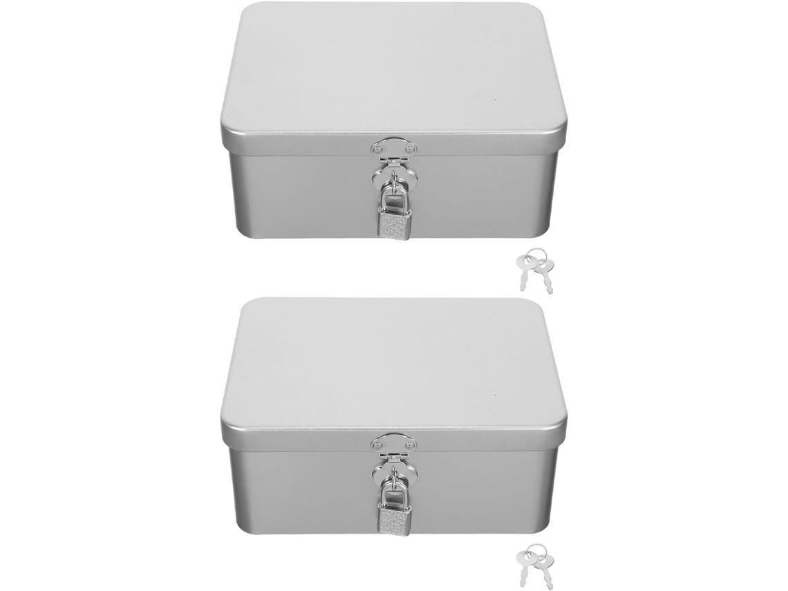 Juego 2 Cajas Almacenamiento Rectangulares Medianas Hojalata Cerradura Llave Fuertes Vintage Oficina Hogar