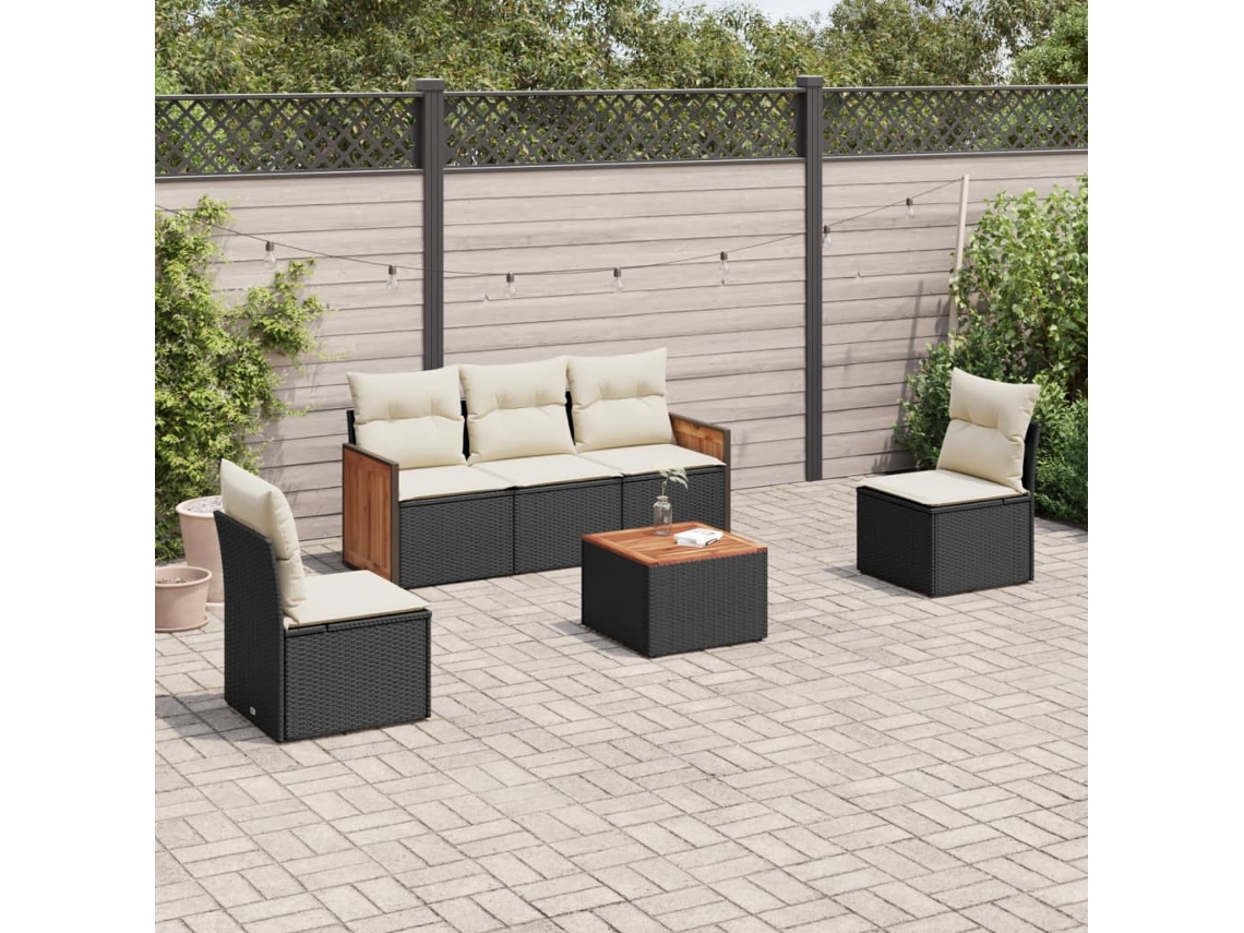 Conjunto de sofá de jardín de 6 piezas con cojines, mimbre sintético negro, DKD Home Decor