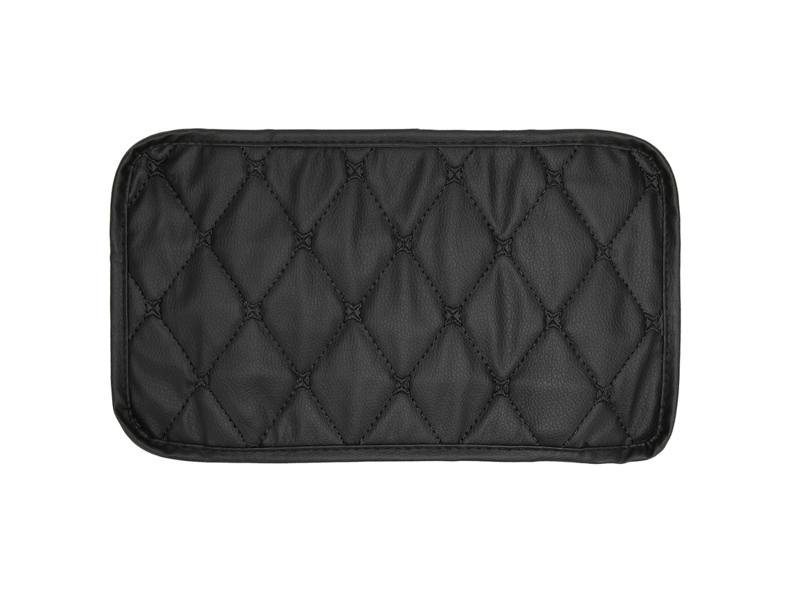 Alfombrilla de reposabrazos de cuero sintético PU impermeable y antipolvo para coche con línea negra sobre fondo negro.