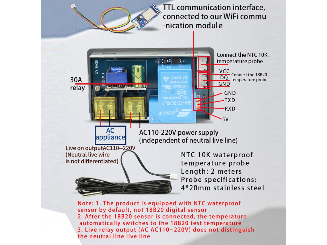 Controlador De Temperatura Inteligente Con Pantalla Lcd, Relé De 30 A, Función De Memoria Y Conexión Wifi Opcional.