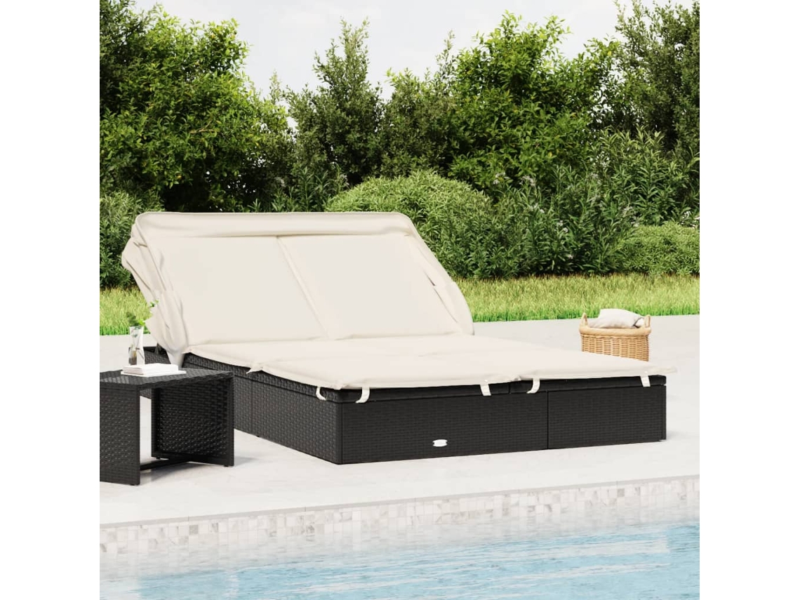 Tumbona Lounger con Techo Plegable para 2 Personas Ratán PE Negro
