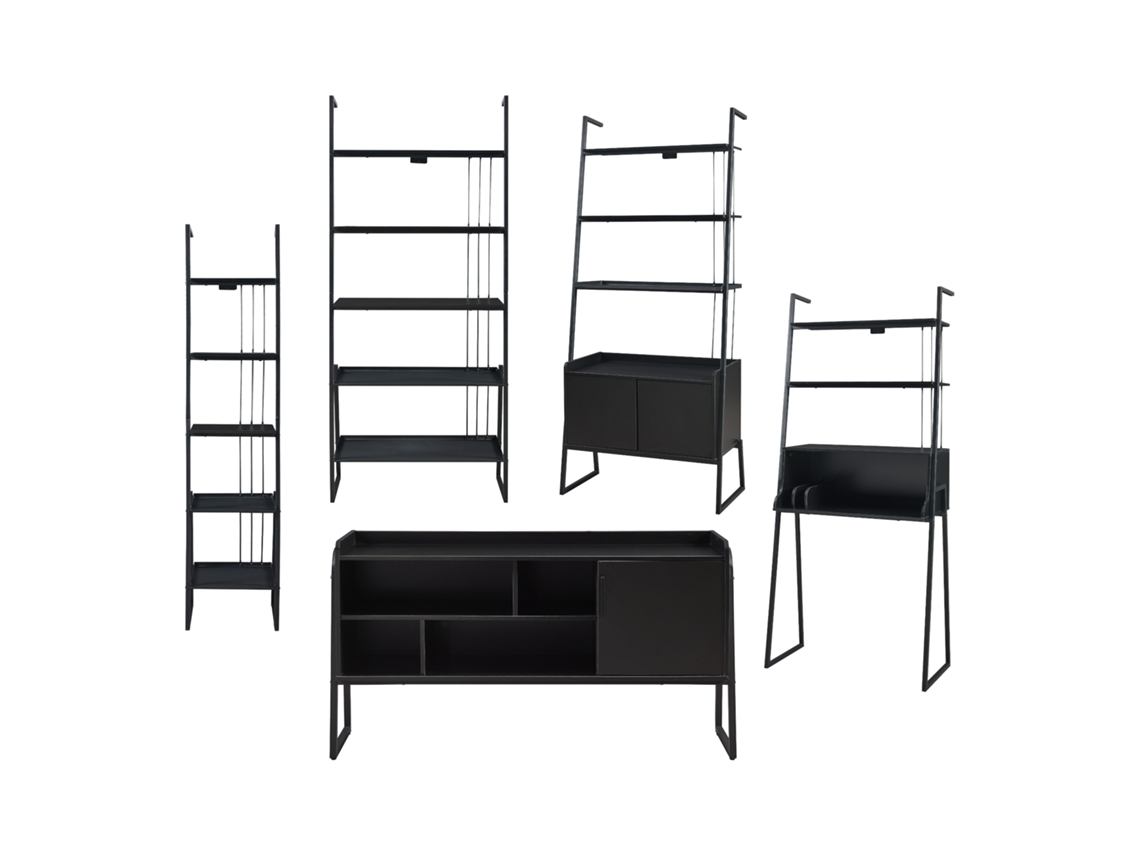 Set de muebles 'Storfjord' 5 piezas: 1x escritorio 3x estanterías 1x Mesa TV metal - Negro [EN.CASA]