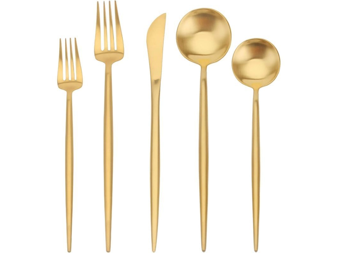 2026-42137-set Cubiertos 5 Piezas Acero Inoxidable 18/12 Satinado Diseño Elegante Para Hogar Y Restaurante Dorado