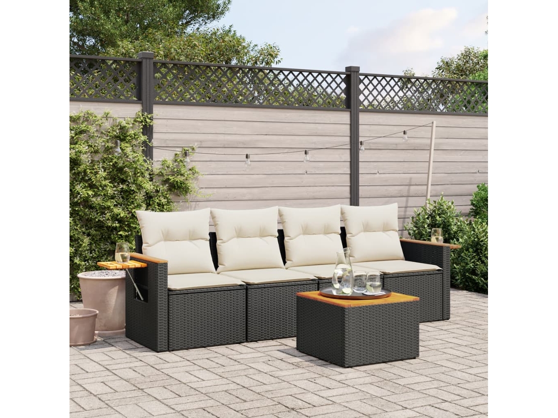 Conjunto de sofá de jardín de 5 piezas con cojines de mimbre sintético negro, Dkd Home Decor