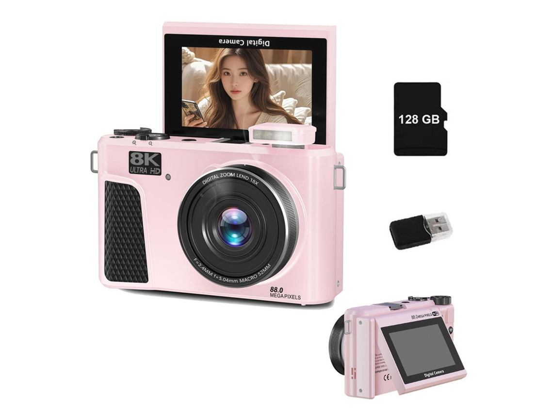 Cámara Digital Wd3 Szsmart 8k 88mp Autofocus Vlogging Con Wifi, Pantalla Flip 180° 3" Y Zoom 18x Para Youtube – 128gb - Rosa