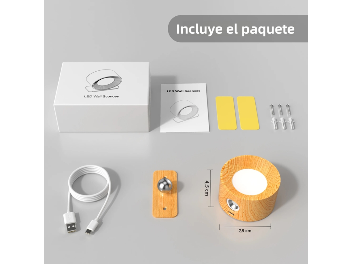 (1 Pieza) Aplique De Pared Led, 3 Niveles De Brillo, Funciona Con Pilas, Control Táctil, Giratorio 360°