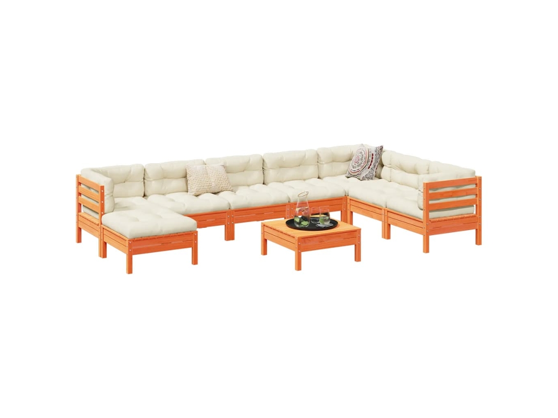 Conjunto de sofá de jardín de 9 piezas con cojines en pino macizo, marrón miel, DKD Home Decor