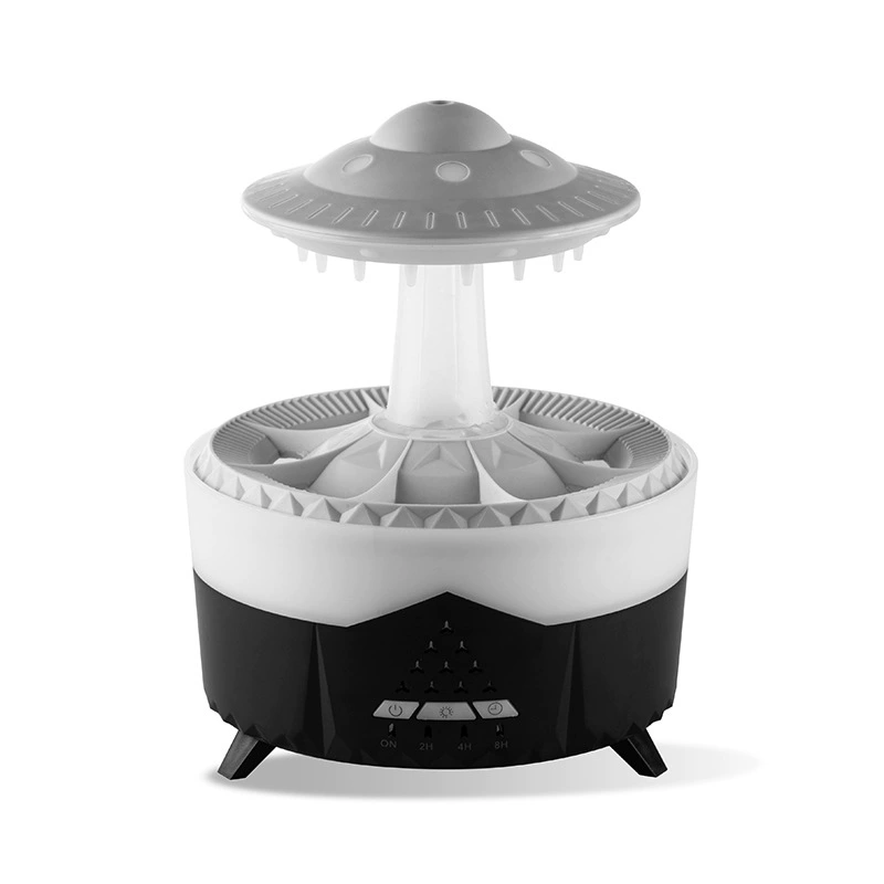 Humidificador De Aromas (en Blanco Y Negro), Que Utiliza Tecnología Sónica, Con Un Diseño De Patrón De Nube De Lluvia Multicolor.