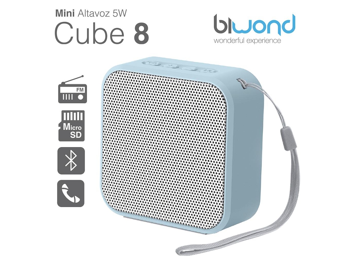 Biwond Mini Altavoz Bluetooth 5W Cube 8 Aux Microsd Jack Micrófono Radio Fm 600Mah Ligero Azul