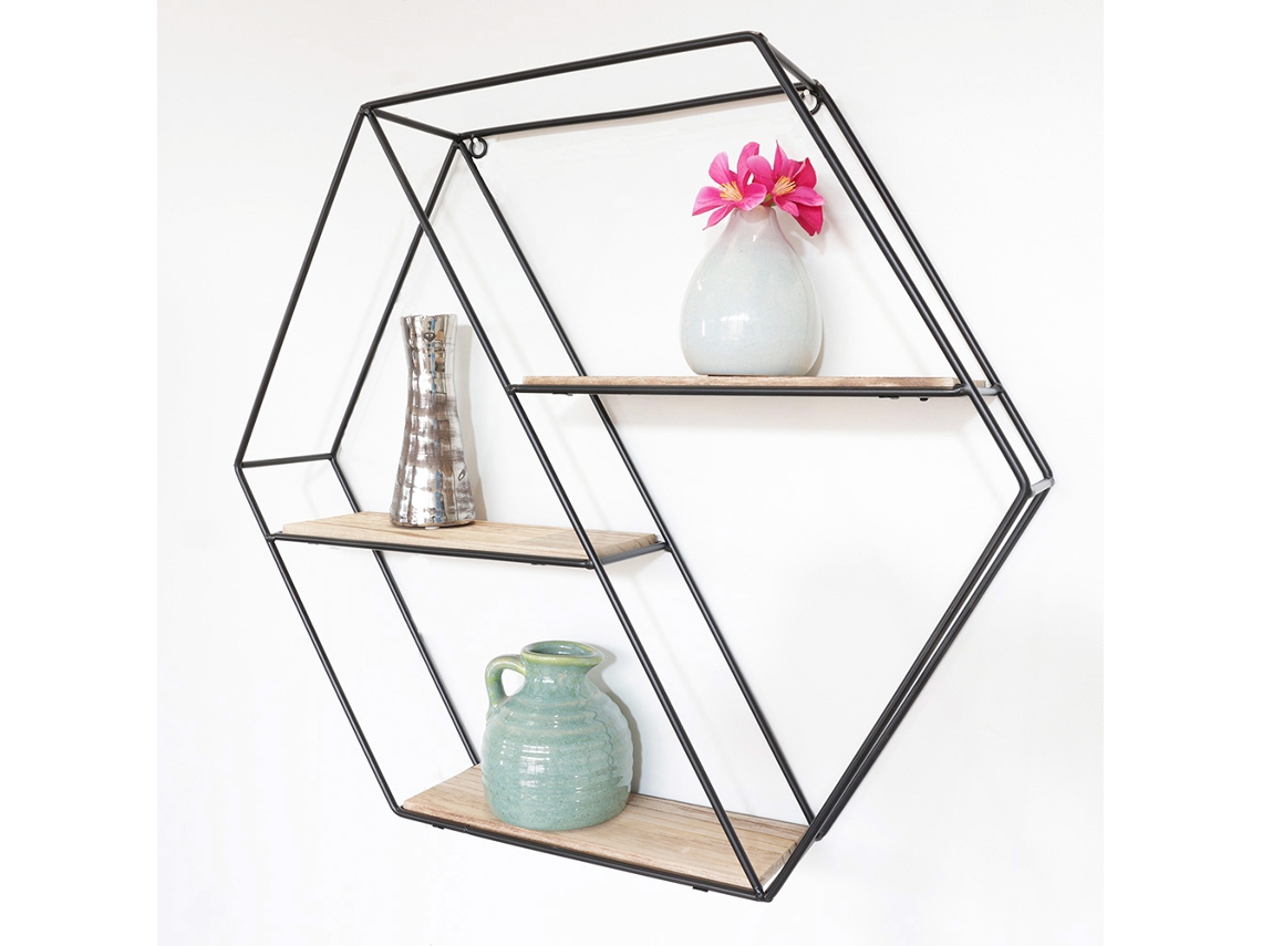 Perchero de pared de metal negro 3 estantes de madera - Hexágono diagonal IVOL