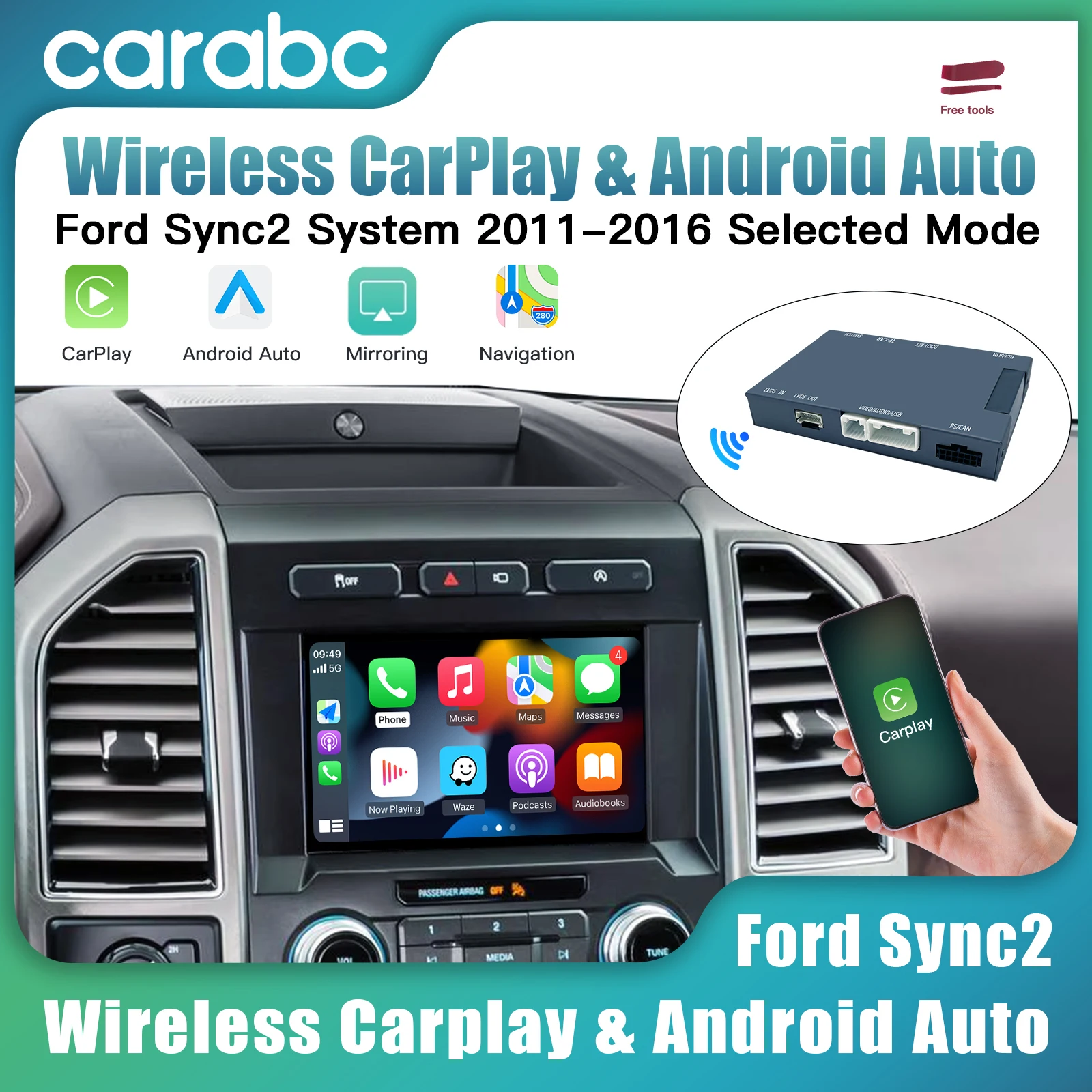 Decodificador inalámbrico Carabc Carplay Android Auto para Ford Sync2 2011-2016 Explorer Focus Fiesta C-max Edge F150 Fusion Taurus Ford Sync2-001