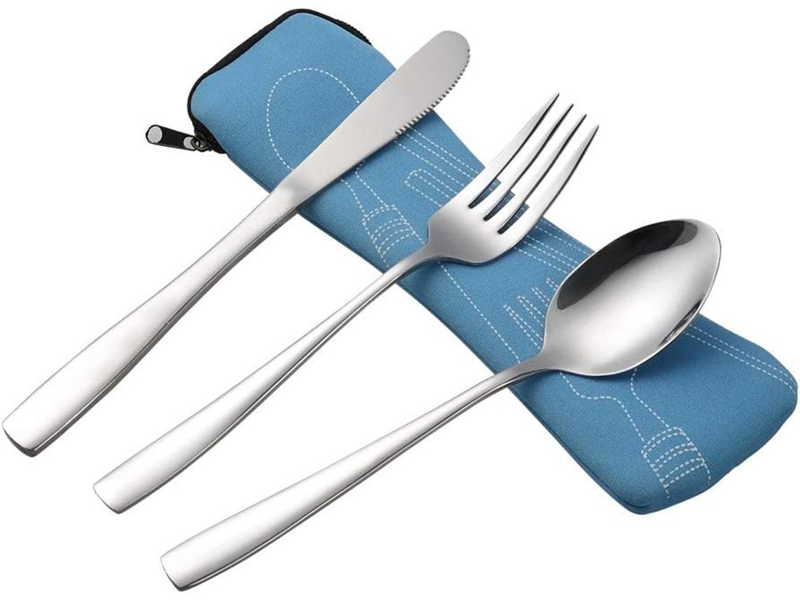 Cubiertos Camping Inox Azules, Kit Viaje Outdoor
