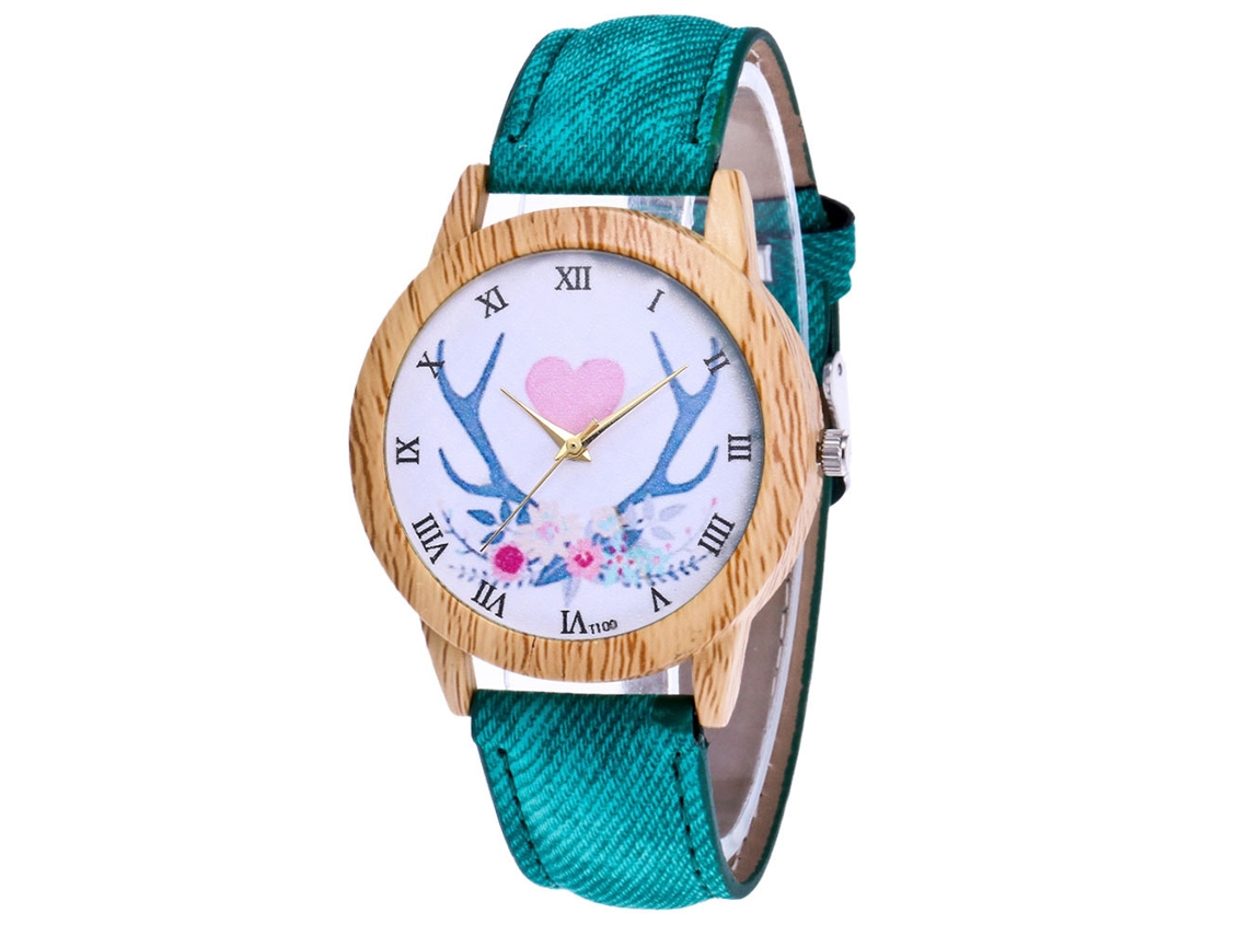 Reloj De Pulsera Unisex Con Correa Vaquera Y Correa De Cuarzo, Diseño De Astas Verdes.