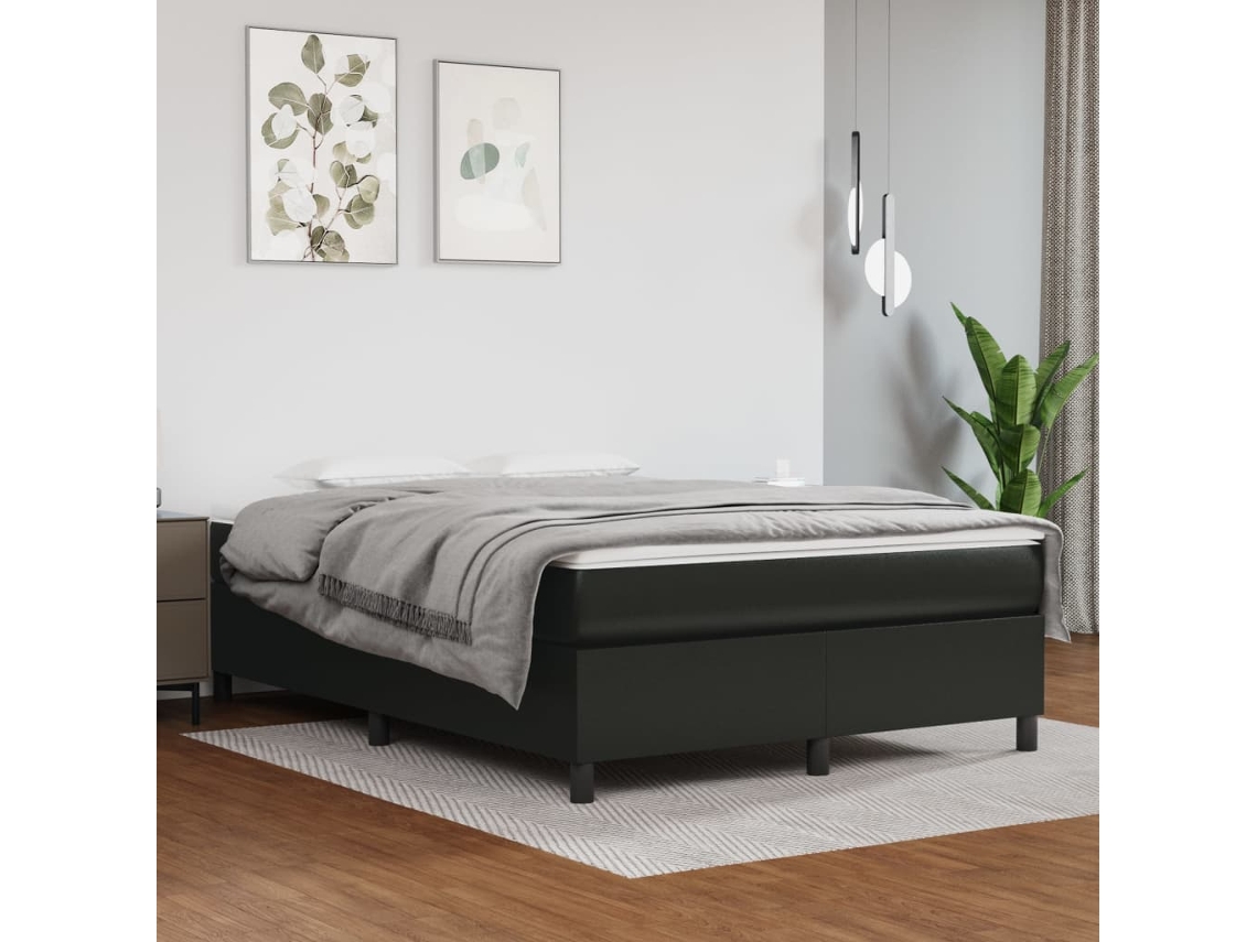 Cama Box Spring Con Colchón Cuero Sintético Negro 140x200cm