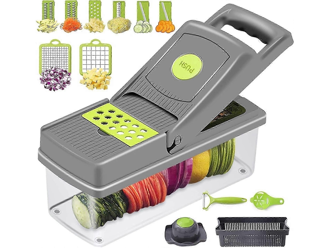 Cortador de verduras multifuncional con 8 cuchillas de acero inoxidable, 13 en 1, cortador de frutas con cesta de drenaje.