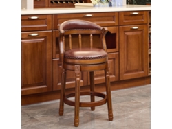 Taburete De Bar De Madera Con Asiento De Cuero De Vaca, Giratorio 360°.