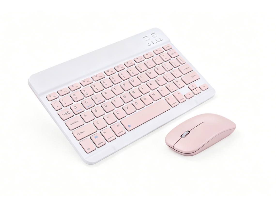 Kit Teclado Bluetooth Recargable 10" Rosa + Ratón Doble Modo Rosa, Para Ipad, Móvil Y Tableta