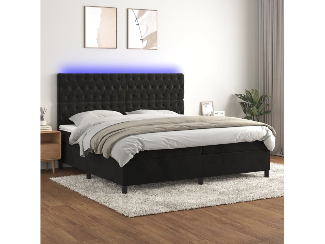 Cama Box Spring Colchón Y Led Terciopelo Negro 200x200 Cm