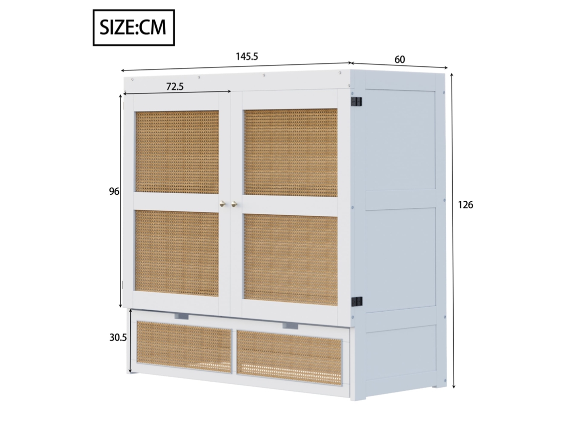 Cama Abatible Murphy 140x200 Cm Con Cajones, Diseño Ratán, Madera Maciza, Práctica Y Ahorra Espacio, Blanco