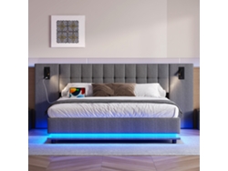 Cama Tapizada 180x200cm Lino, Led, Proyector De Noche, Usb, Capacidad 200kg, Cómoda, Práctica, Sin Colchón, Gris
