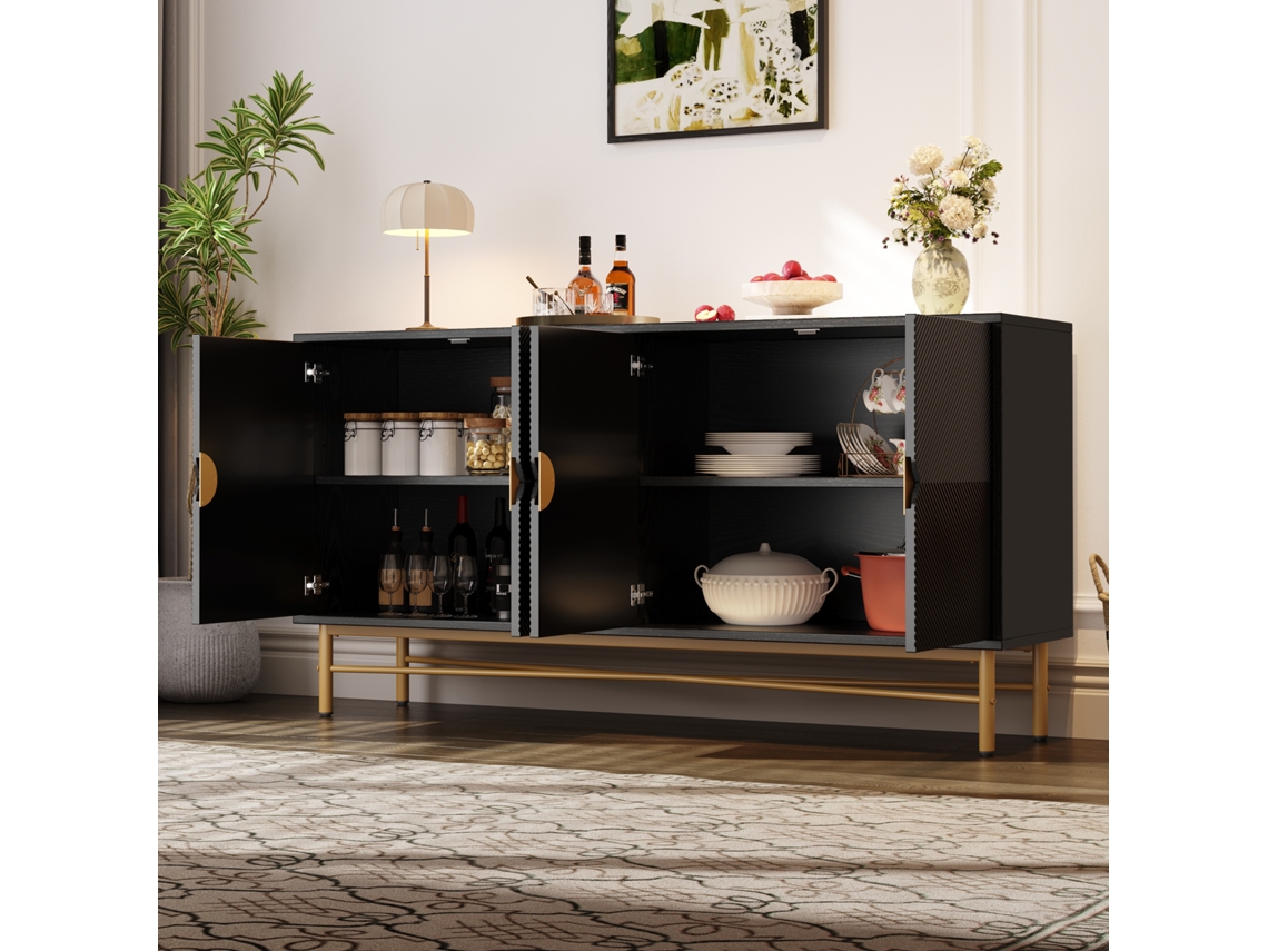 Aparador 160x40x82 Cm - Con Textura En Relieve, 4 Puertas, Tiradores Dorados Cepillados Y Patas De Alto Brillo - Negro