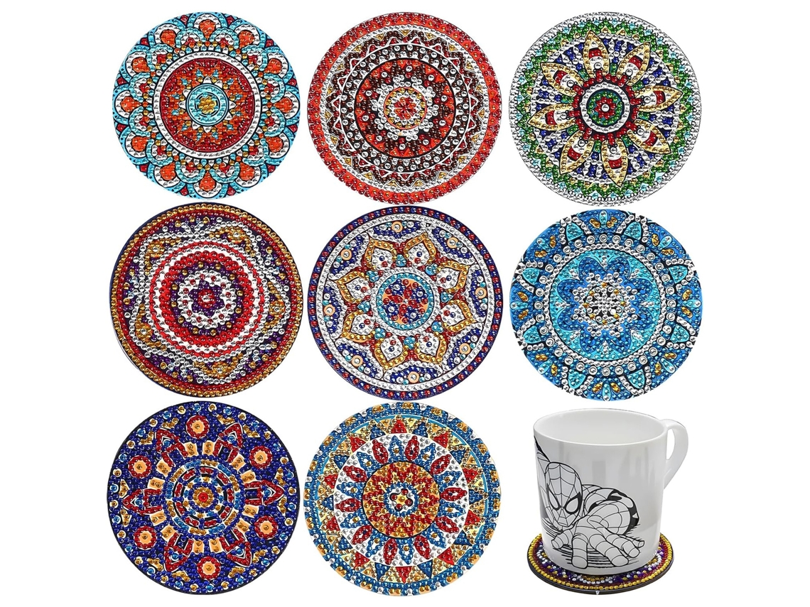 8 posavasos redondos divertidos para pintar con diamantes, con soporte de hierro, elegantes posavasos decorativos con diamantes absorbentes y soporte, ideales para el hogar.
