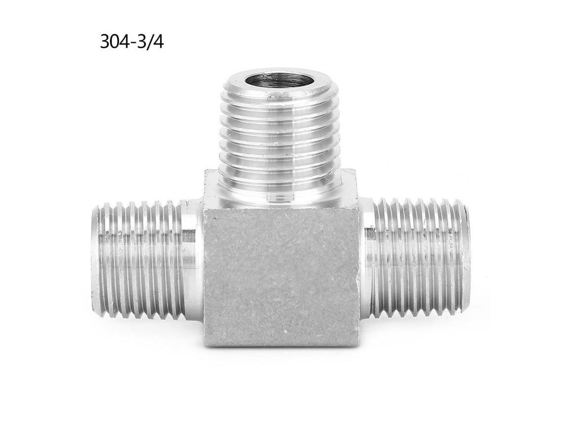 Conector de tubo de aço inoxidável de 3 vias, rosca macho BSPT, 3/4 de polegada, para mangueira.
