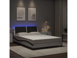 Estructura Cama Con Led Cuero Sintético Blanco Negro 140x200 Cm