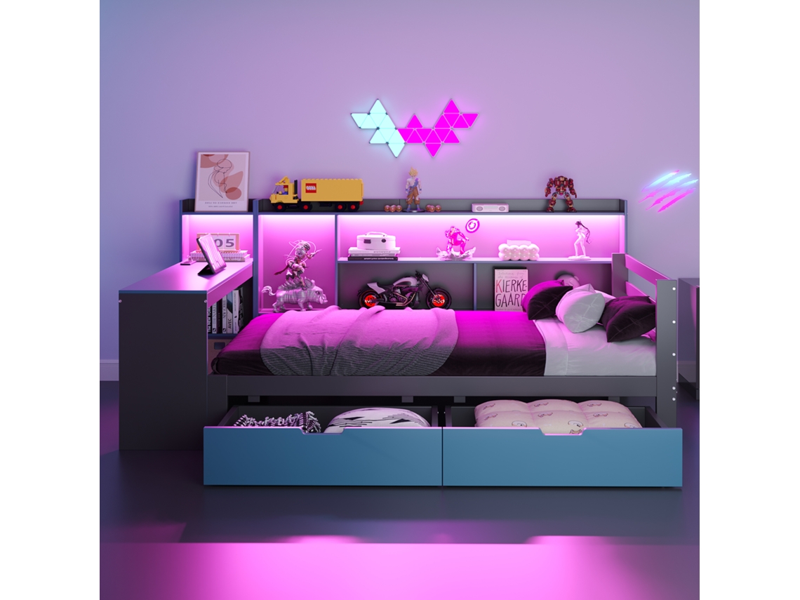 Sofá Cama 90x200cm, Escritorio, Biblioteca, Led, Enchufes, Cajones, Almacenamiento, Capacidad 120kg, Sin Colchón, Negro Y Azul