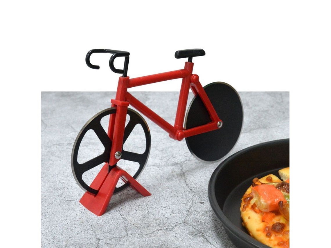 Cortador De Pizza En Forma De Bicicleta Con Ruedas De Acero Inoxidable Y Soporte Rojo